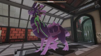 A purple dragon stretching inside the warm brick Drag'n Wash service bay