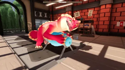 A pink and yellow dragon lying on the tiles of the Drag'n Wash bay beside cleaning tools