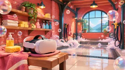 Generated illustration: a VR headset on a bench in a washhouse with soap bubbles (not an official screenshot)