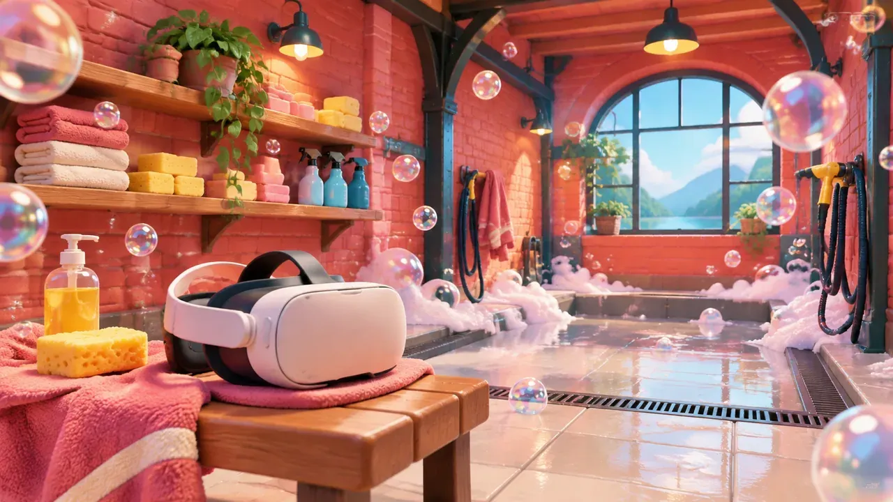 Generated illustration: a VR headset on a bench in a washhouse with soap bubbles (not an official screenshot)