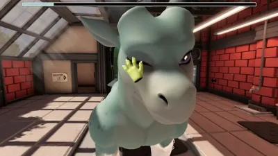 Pale green dragon smiling inside the wash bay, from the official Drag'n Wash announce trailer cover