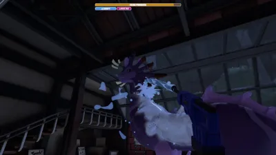 Player spraying water over a pale green dragon beside the wall in the Drag'n Wash bay