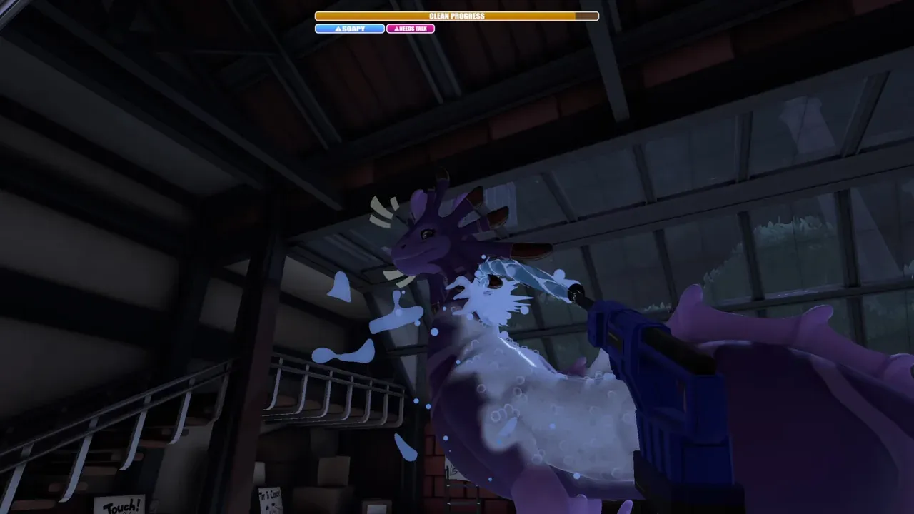Player spraying water over a pale green dragon beside the wall in the Drag'n Wash bay
