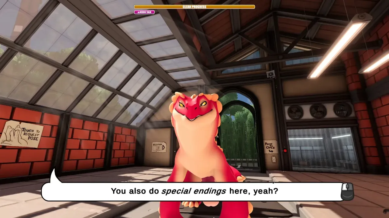 A pink dragon leaning toward the player with a dialogue line on screen