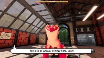 A pink dragon leaning toward the player with a dialogue line on screen