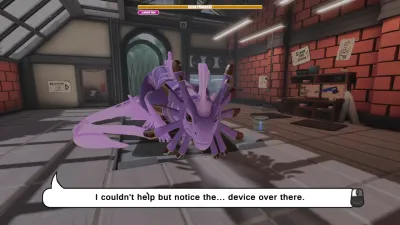 Purple dragon on the floor of the Drag'n Wash bay with a dialogue line on screen