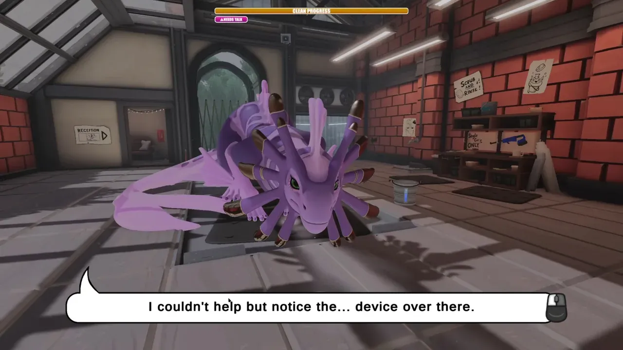Purple dragon on the floor of the Drag'n Wash bay with a dialogue line on screen