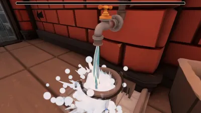 Water pouring from a tap into a wooden bucket, splashing soap foam, in the Drag'n Wash bay